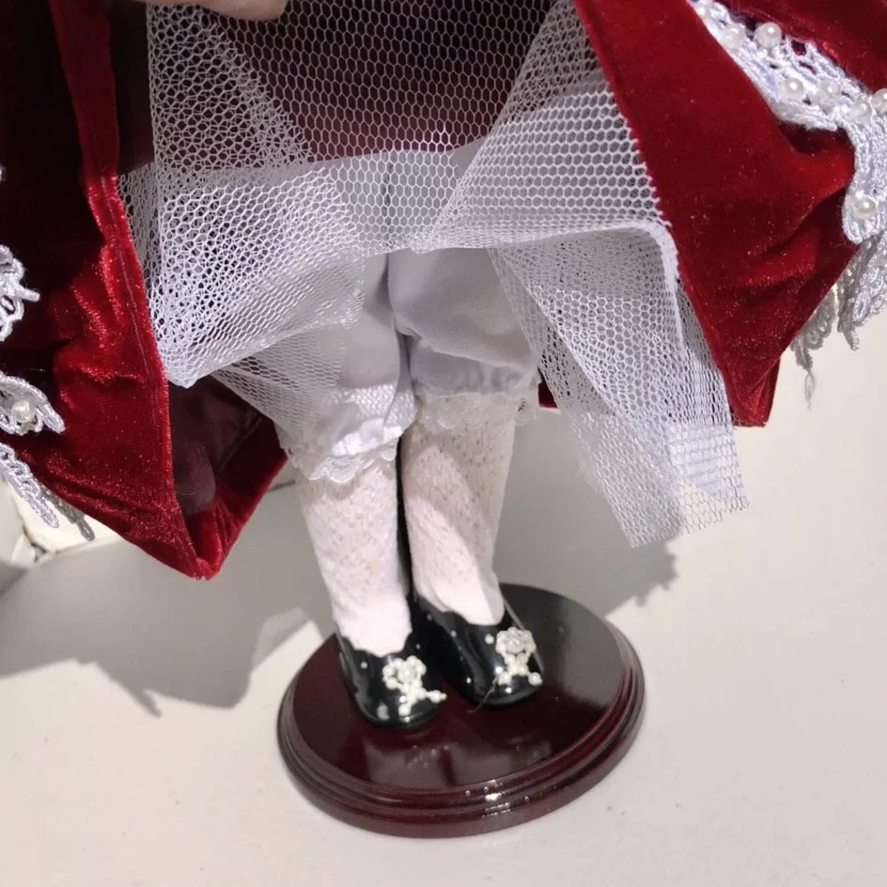Porcelain Dolls Collectible by Melissa Jane Wooden Stand in Red Dress Blue Eyes - Picture 9 of 9